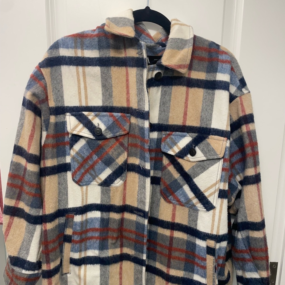 Zara Beige Blue Plaid Teddy Jacket